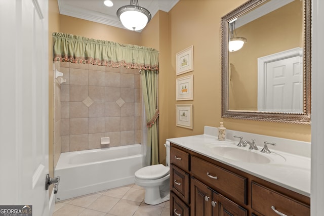 bathroom featuring crown molding, shower / bathtub combination with curtain, toilet, vanity, and tile patterned flooring