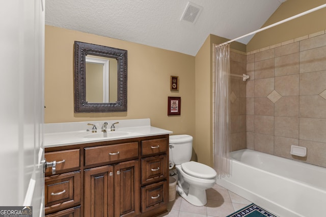 full bath featuring visible vents, toilet, a textured ceiling, vanity, and tile patterned flooring