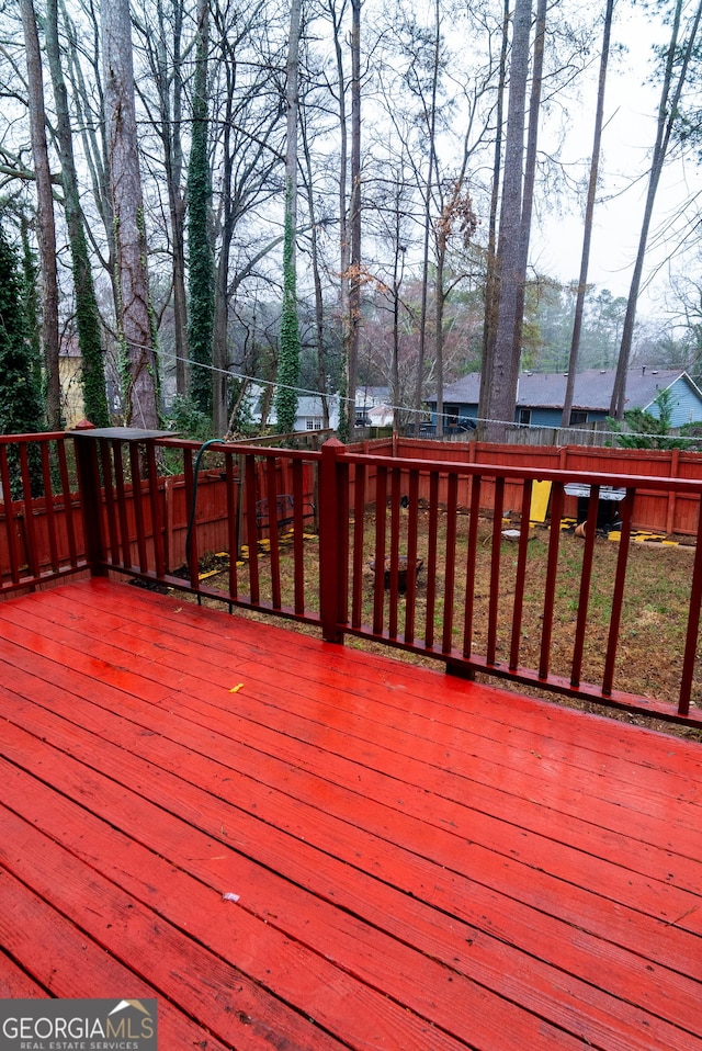 wooden terrace with a fenced backyard