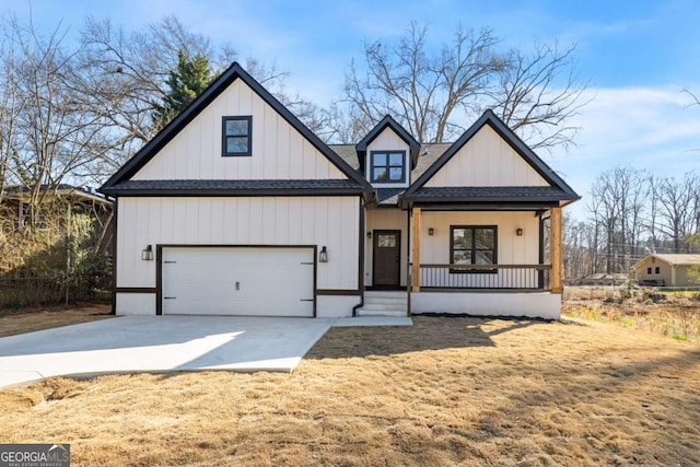 modern inspired farmhouse featuring covered porch, concrete driveway, and roof with shingles