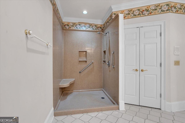 full bathroom featuring ornamental molding, a stall shower, a closet, and baseboards