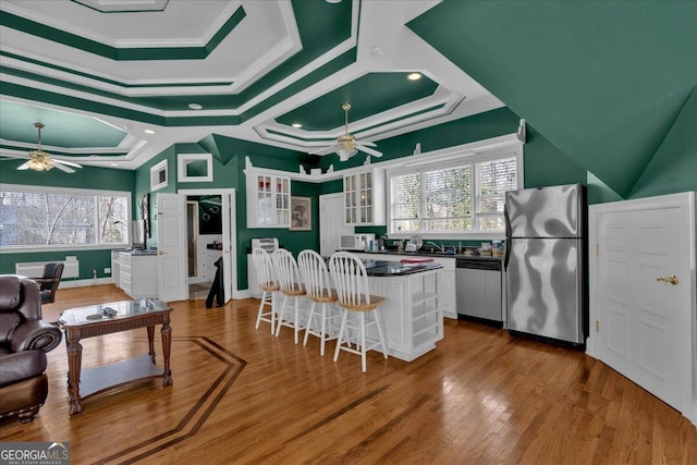 kitchen with a ceiling fan, dark countertops, appliances with stainless steel finishes, a tray ceiling, and white cabinetry