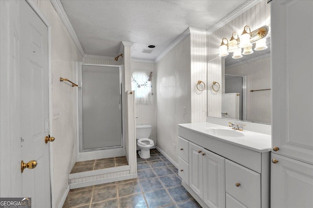 full bath with a stall shower, visible vents, toilet, crown molding, and vanity