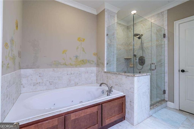 bathroom with a whirlpool tub, ornamental molding, and a stall shower