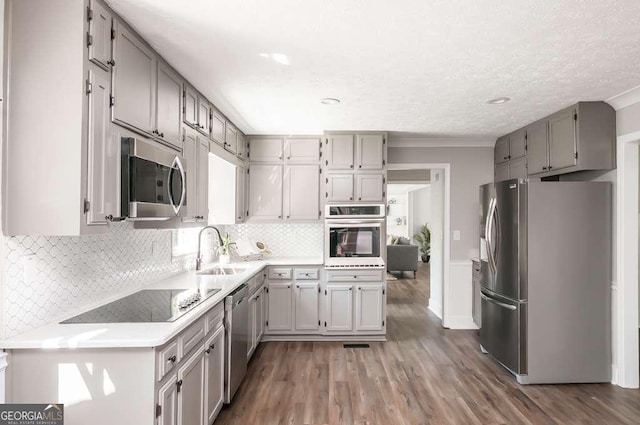 kitchen featuring a sink, appliances with stainless steel finishes, gray cabinetry, and light countertops