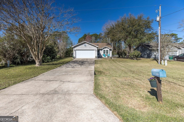 ranch-style house featuring driveway, a garage, and a front lawn