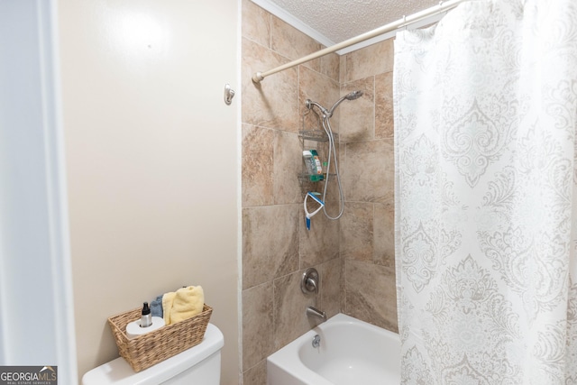 full bath featuring toilet, shower / tub combo, and a textured ceiling