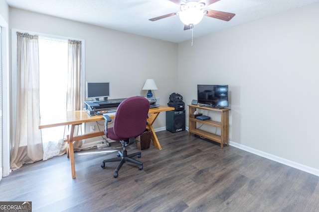 office area featuring ceiling fan, baseboards, and wood finished floors