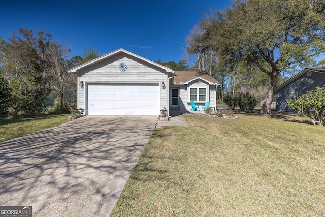 ranch-style home featuring a garage, concrete driveway, and a front lawn