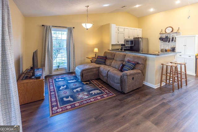 living area featuring lofted ceiling and dark wood-type flooring