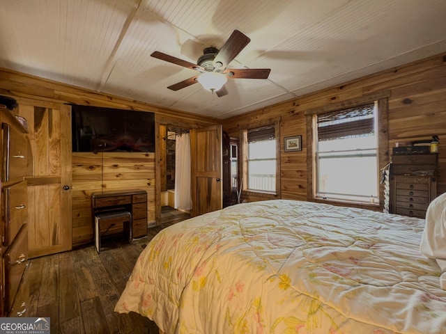 bedroom featuring wood ceiling, dark wood finished floors, wooden walls, and ceiling fan