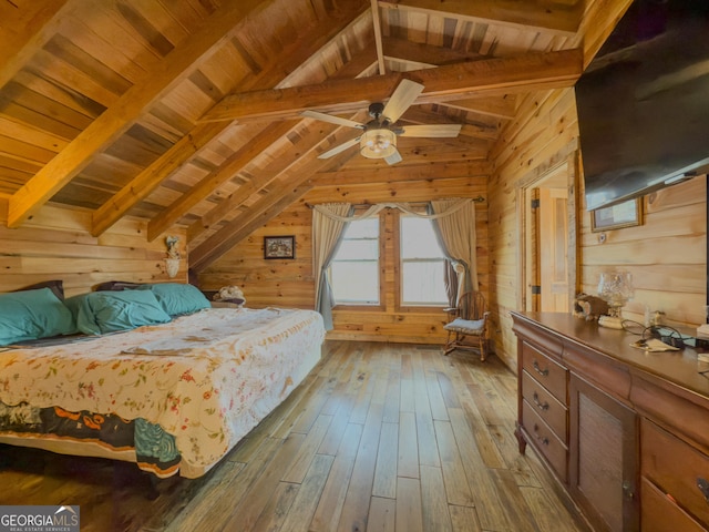 bedroom with wooden ceiling, wood walls, lofted ceiling with beams, and wood finished floors