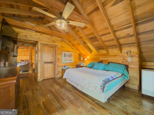 bedroom featuring lofted ceiling with beams, wood walls, wood ceiling, and wood-type flooring