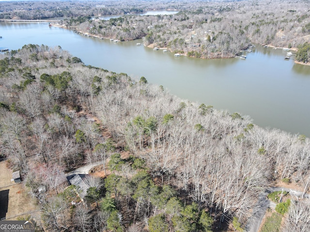 aerial view featuring a water view and a view of trees