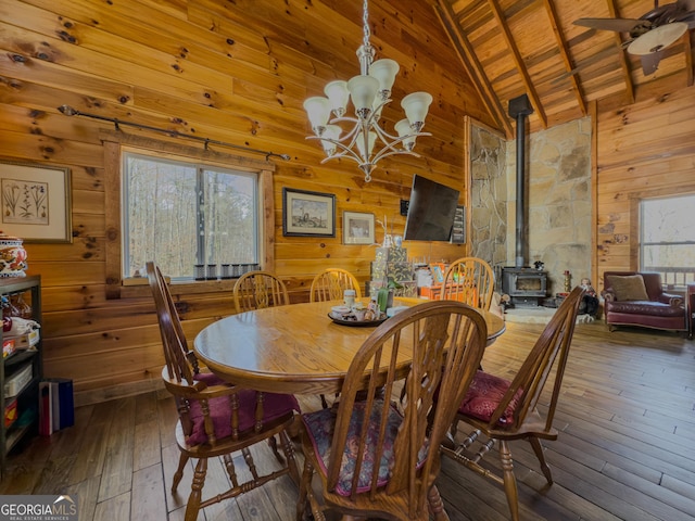 dining area featuring a wood stove, hardwood / wood-style flooring, wooden walls, and a healthy amount of sunlight