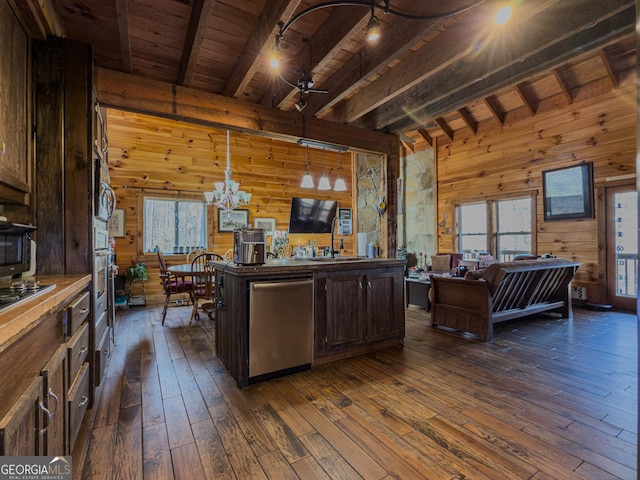 office with wood ceiling, ceiling fan with notable chandelier, beamed ceiling, wooden walls, and dark wood-style floors