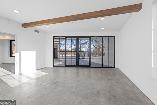 spare room featuring baseboards, visible vents, beamed ceiling, concrete floors, and recessed lighting