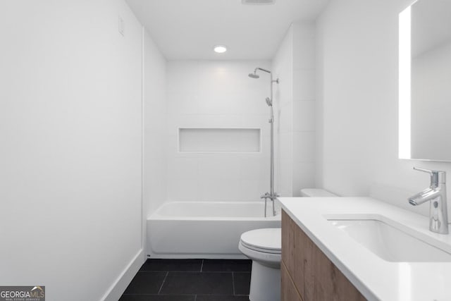 full bath featuring visible vents, shower / bath combination, toilet, vanity, and tile patterned flooring