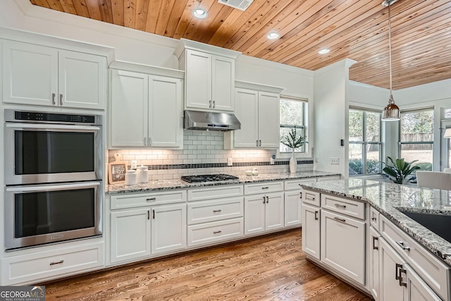 kitchen featuring stainless steel appliances, tasteful backsplash, wood ceiling, and under cabinet range hood