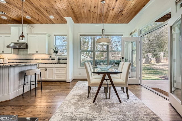 dining area with dark wood-style floors, wooden ceiling, baseboards, and recessed lighting