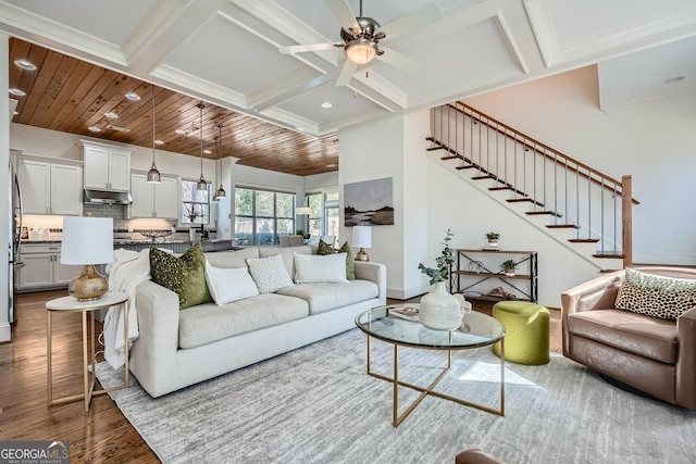 living room with wood ceiling, stairs, coffered ceiling, and wood finished floors