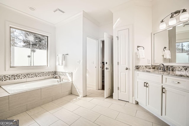 full bath with a garden tub, vanity, visible vents, ornamental molding, and tile patterned floors