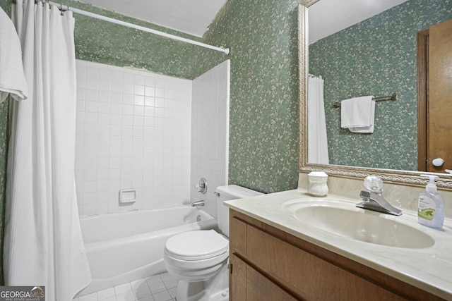 full bath with toilet, shower / tub combo with curtain, wallpapered walls, tile patterned flooring, and vanity