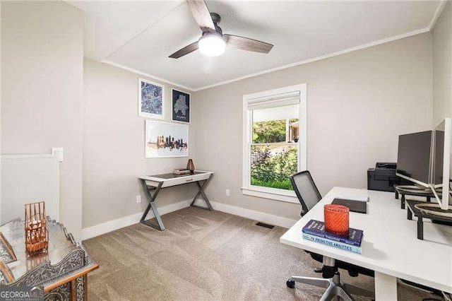 carpeted office space featuring a ceiling fan, visible vents, crown molding, and baseboards