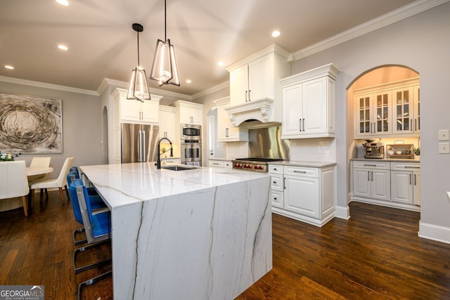 5230 Harris Springs Dr, Cumming, GA 30040 - kitchen featuring a sink, stainless steel appliances, dark wood-style floors, light stone countertops, and recessed lighting