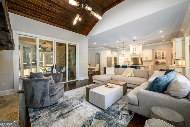 5230 Harris Springs Dr, Cumming, GA 30040 - living area featuring wooden ceiling, crown molding, baseboards, vaulted ceiling, and recessed lighting