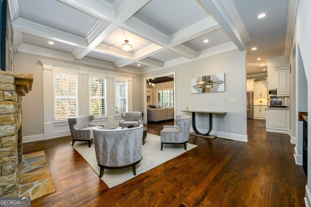 5230 Harris Springs Dr, Cumming, GA 30040 - living area featuring beam ceiling, dark wood-type flooring, ornamental molding, recessed lighting, and baseboards