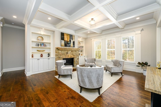 5230 Harris Springs Dr, Cumming, GA 30040 - living room with baseboards, a fireplace, dark wood-style flooring, ornamental molding, and beamed ceiling