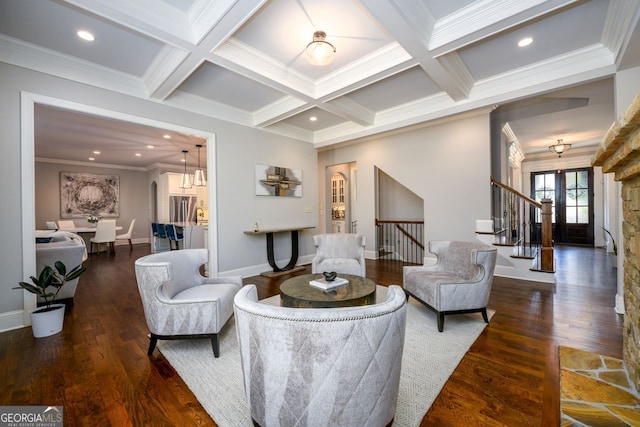 5230 Harris Springs Dr, Cumming, GA 30040 - living room featuring ornamental molding, stairway, beamed ceiling, coffered ceiling, and wood finished floors