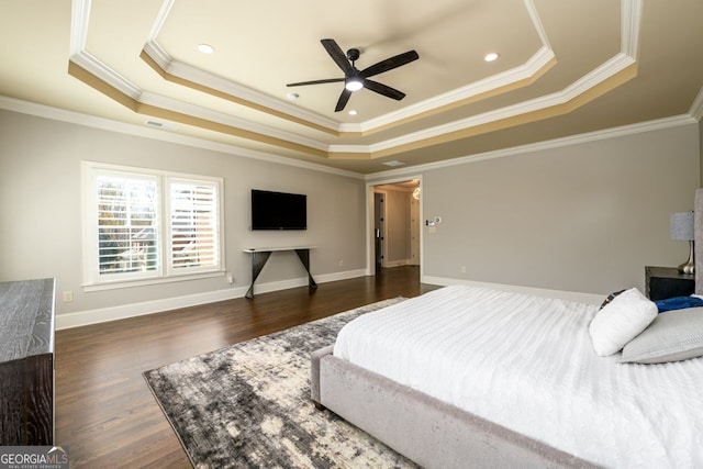 5230 Harris Springs Dr, Cumming, GA 30040 - bedroom featuring a tray ceiling, ornamental molding, dark wood-type flooring, baseboards, and recessed lighting