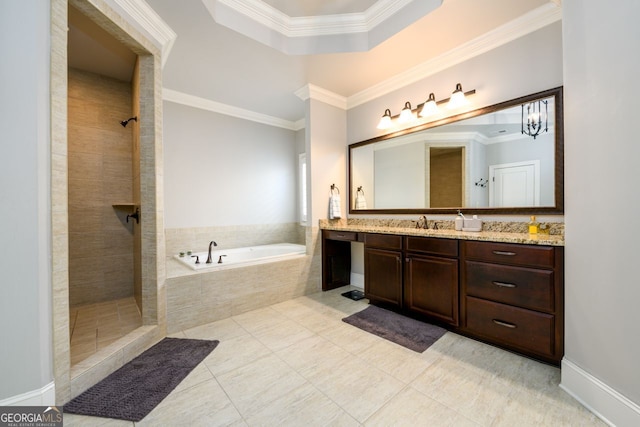 5230 Harris Springs Dr, Cumming, GA 30040 - full bathroom with a bath, vanity, a tile shower, crown molding, and tile patterned floors