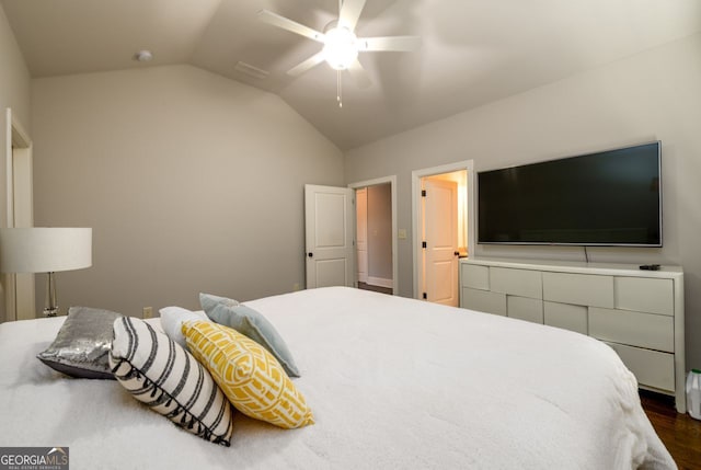 5230 Harris Springs Dr, Cumming, GA 30040 - bedroom featuring lofted ceiling, ceiling fan, and dark wood-type flooring