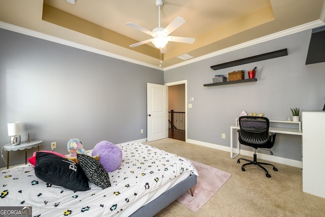 5230 Harris Springs Dr, Cumming, GA 30040 - bedroom featuring a raised ceiling, carpet floors, crown molding, and baseboards