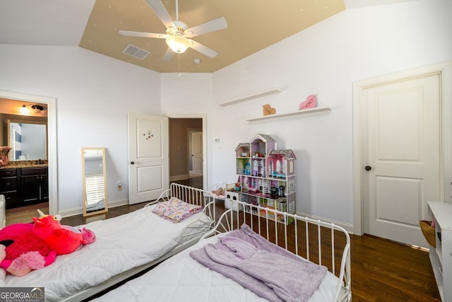 5230 Harris Springs Dr, Cumming, GA 30040 - bedroom featuring vaulted ceiling, wood finished floors, ensuite bathroom, and ceiling fan