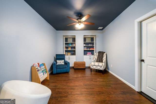 5230 Harris Springs Dr, Cumming, GA 30040 - sitting room featuring a ceiling fan, built in features, dark wood-type flooring, and baseboards