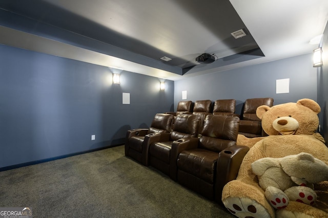 5230 Harris Springs Dr, Cumming, GA 30040 - carpeted cinema with a tray ceiling and baseboards