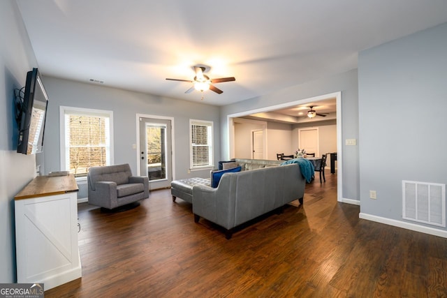 5230 Harris Springs Dr, Cumming, GA 30040 - living room featuring ceiling fan, dark wood finished floors, and baseboards
