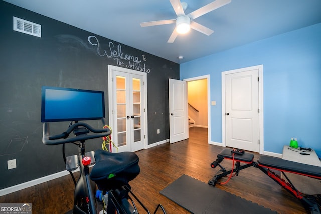 5230 Harris Springs Dr, Cumming, GA 30040 - workout room with french doors, wood finished floors, a ceiling fan, and baseboards