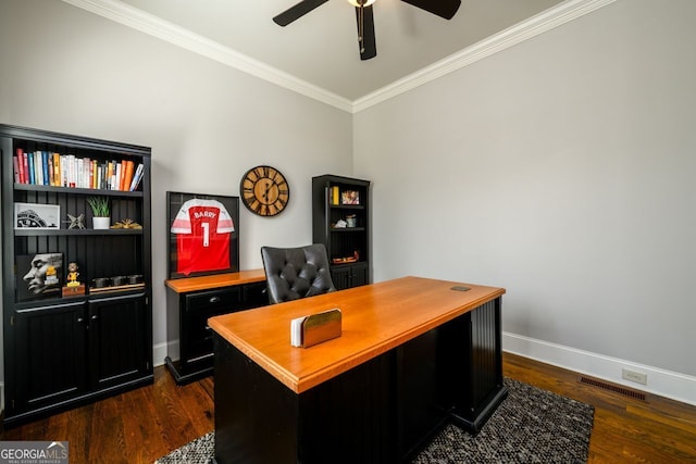 5230 Harris Springs Dr, Cumming, GA 30040 - office space with crown molding, baseboards, dark wood-type flooring, and a ceiling fan