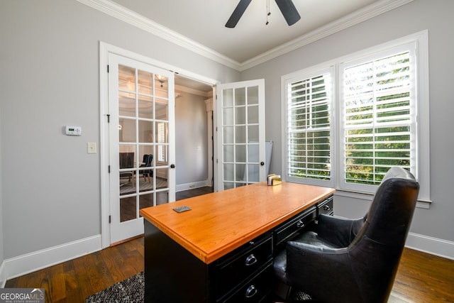 5230 Harris Springs Dr, Cumming, GA 30040 - office space featuring french doors, ceiling fan, ornamental molding, baseboards, and dark wood-type flooring