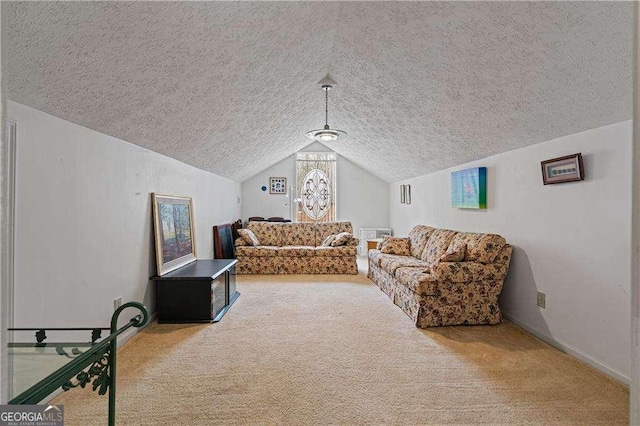 living room featuring carpet flooring, vaulted ceiling, a textured ceiling, and baseboards