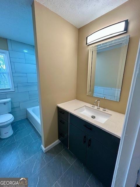 full bathroom featuring vanity, a textured ceiling, a tub, walk in shower, and toilet