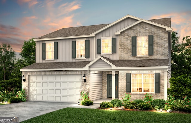 view of front of home with a garage, a shingled roof, concrete driveway, board and batten siding, and brick siding