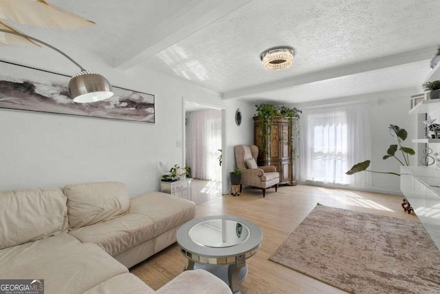 living area with a textured ceiling, beam ceiling, and wood finished floors