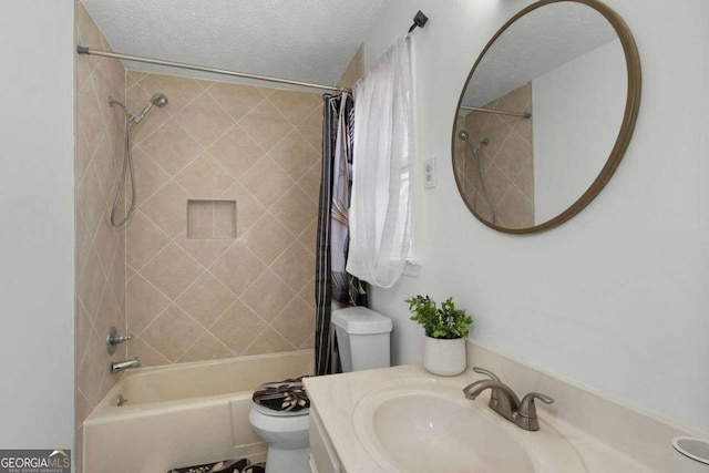 bathroom with shower / bathtub combination with curtain, a textured ceiling, toilet, and vanity