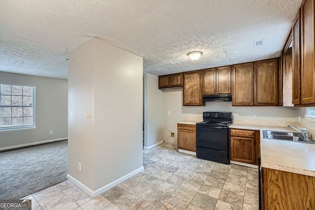 kitchen featuring visible vents, black electric range oven, light countertops, under cabinet range hood, and a sink